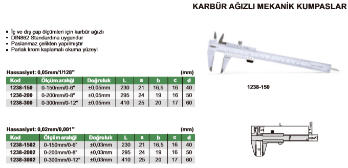 Insize Karbür Uçlu Çeneli Sürmeli Kumpas 300 mm | 1238-300 Ürün Tablosu