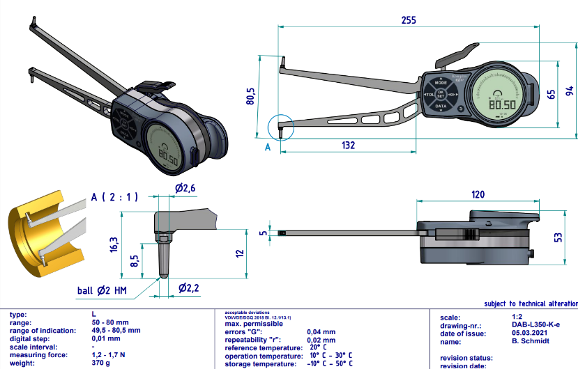 Kroeplin Dijital İç Çap Kanal Komparatörü '50-80 mm' | L350 Resim-2