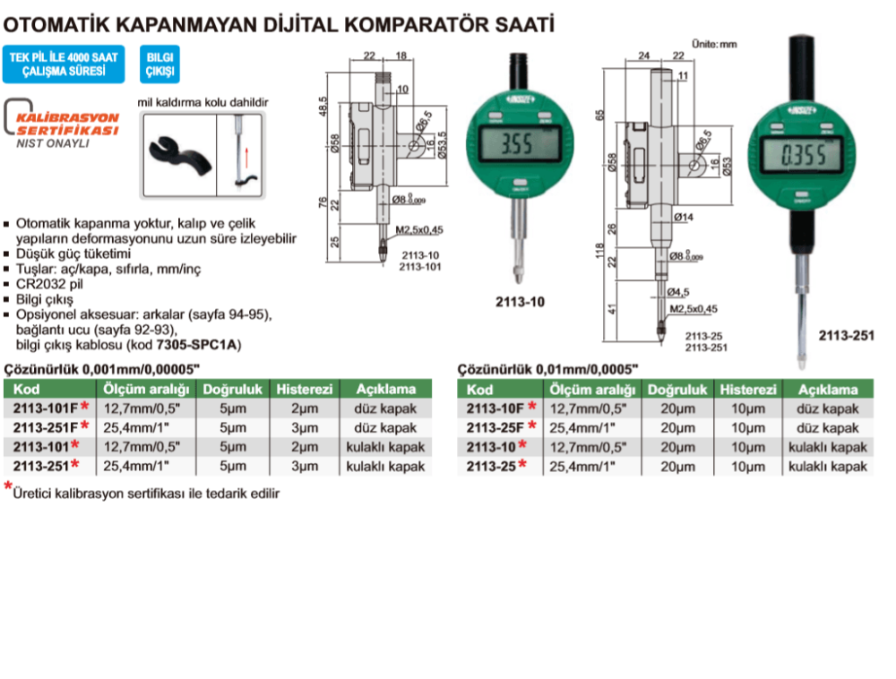 Insize Dijital Komparatör Saati 12.7mm/0.5